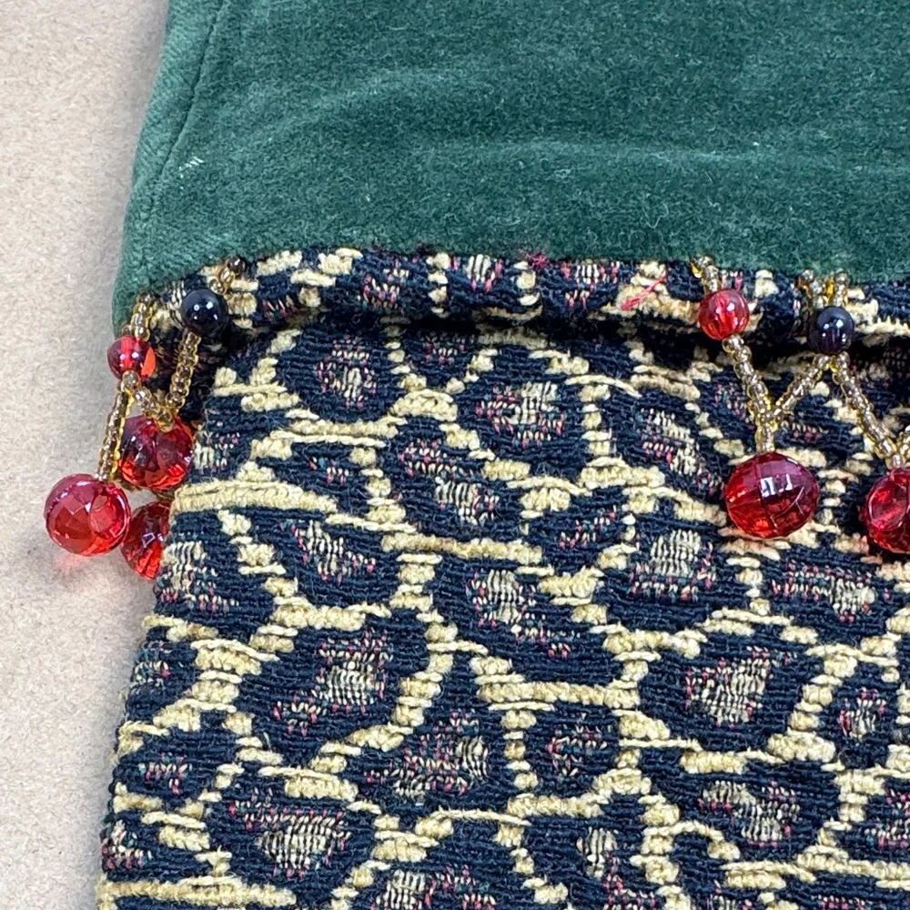 Pair of Swanky Tapestry Christmas Stockings Leopard Checkered Print Velvet Beads